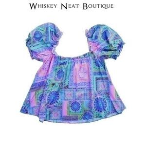 SHEIN Plus Square Neck Puff Sleeve Scarf Print Top  7 0017